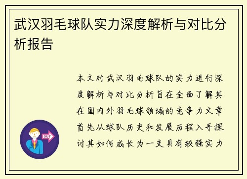 武汉羽毛球队实力深度解析与对比分析报告