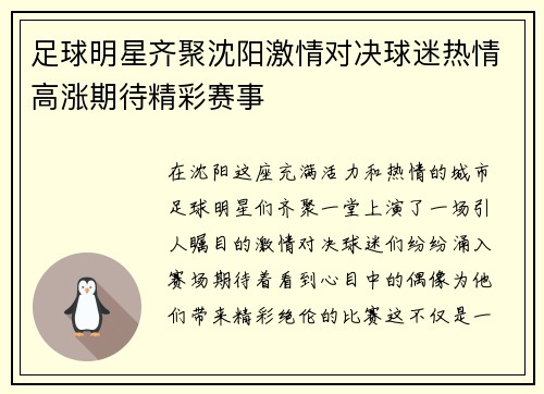 足球明星齐聚沈阳激情对决球迷热情高涨期待精彩赛事